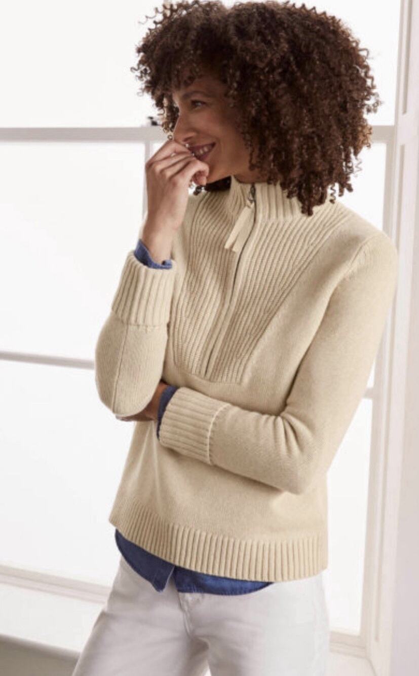 Boden Caithness Cozy Sweater Women's Large Wool Mix Zip Neck Cream Knit Pullover